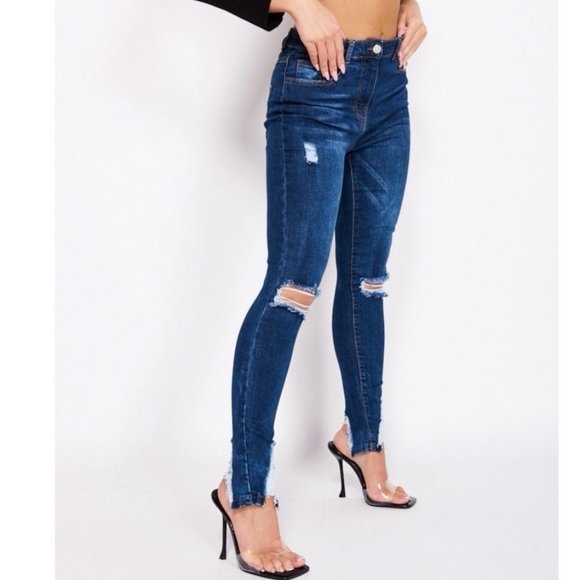 Blue High Waist Ripped Distressed Split Hem Skinny Jeans Denim Pants - Picture 12 of 13